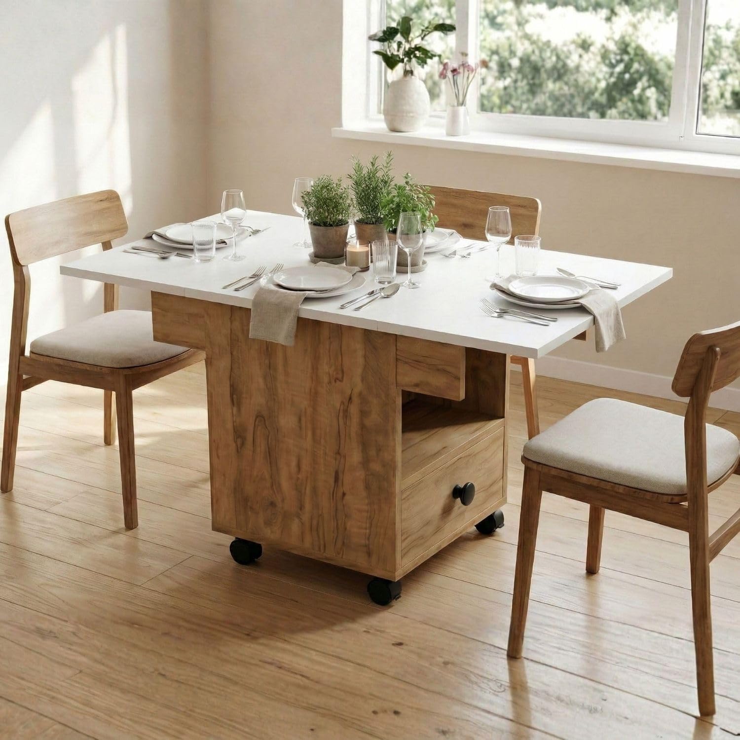 Foldable Dining Table with Storage and Wheels, Drop Leaf, 2 Seater, Engineered Wood,