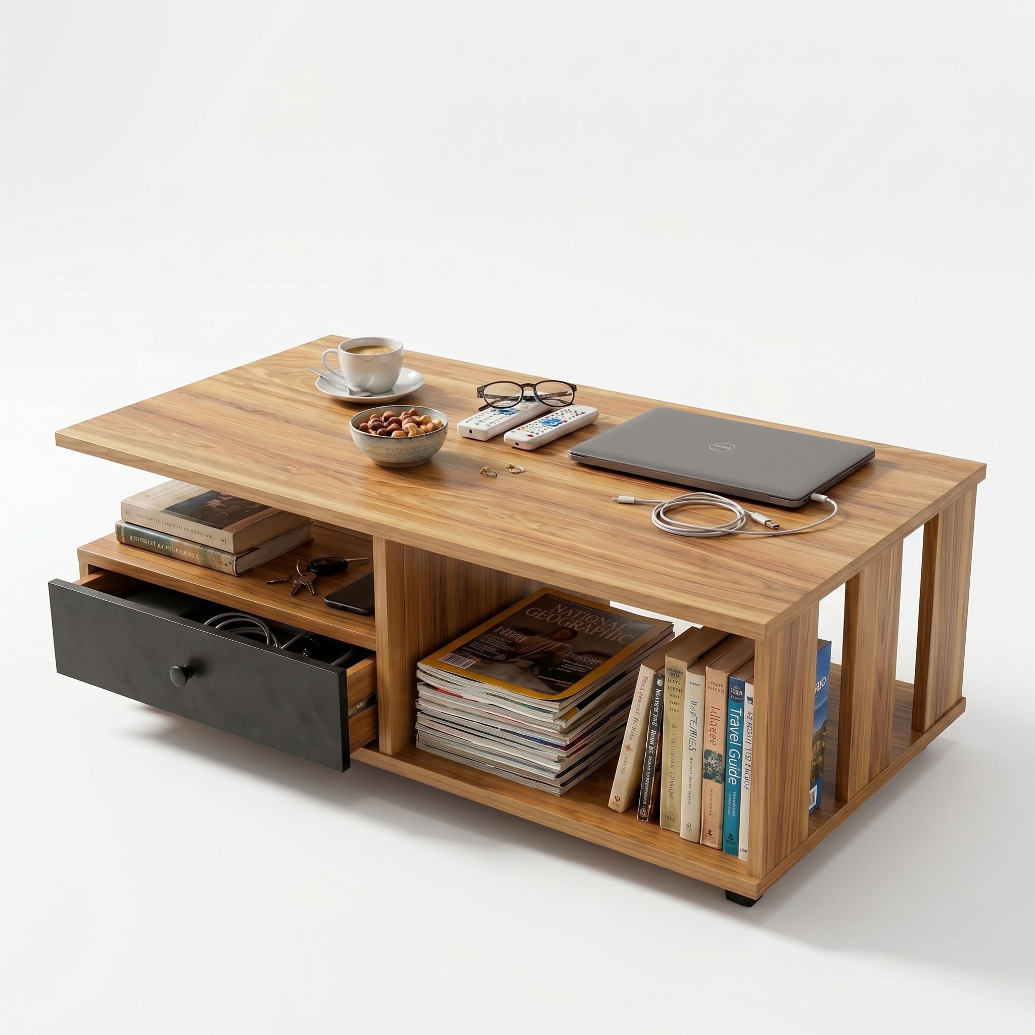 Modern Coffee Table with Storage Drawer & Open Shelves