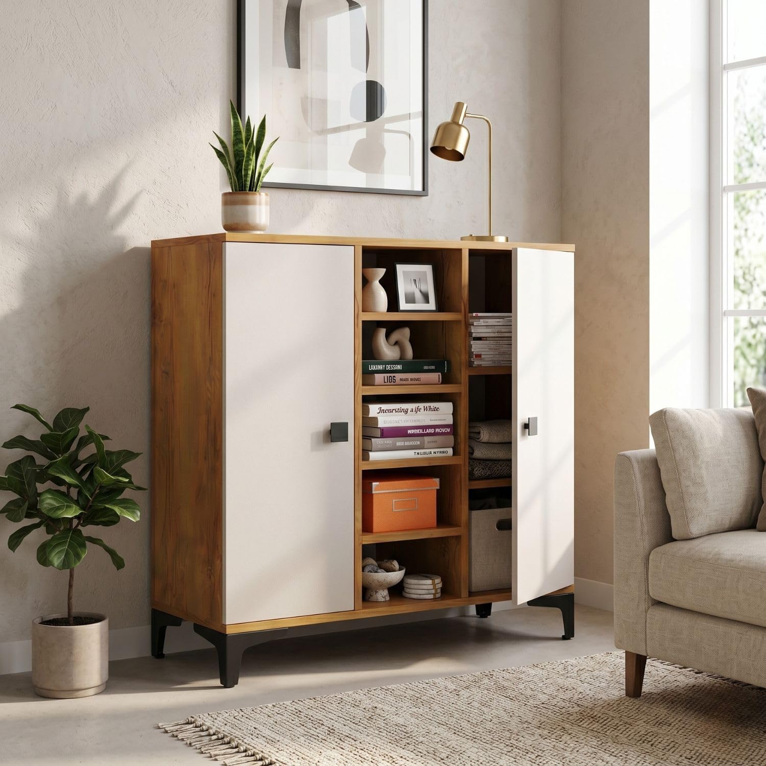 Book Shelf Engineered Wood Bookshelf with 2 Door Cabinet & 5 Open Storage Shelves