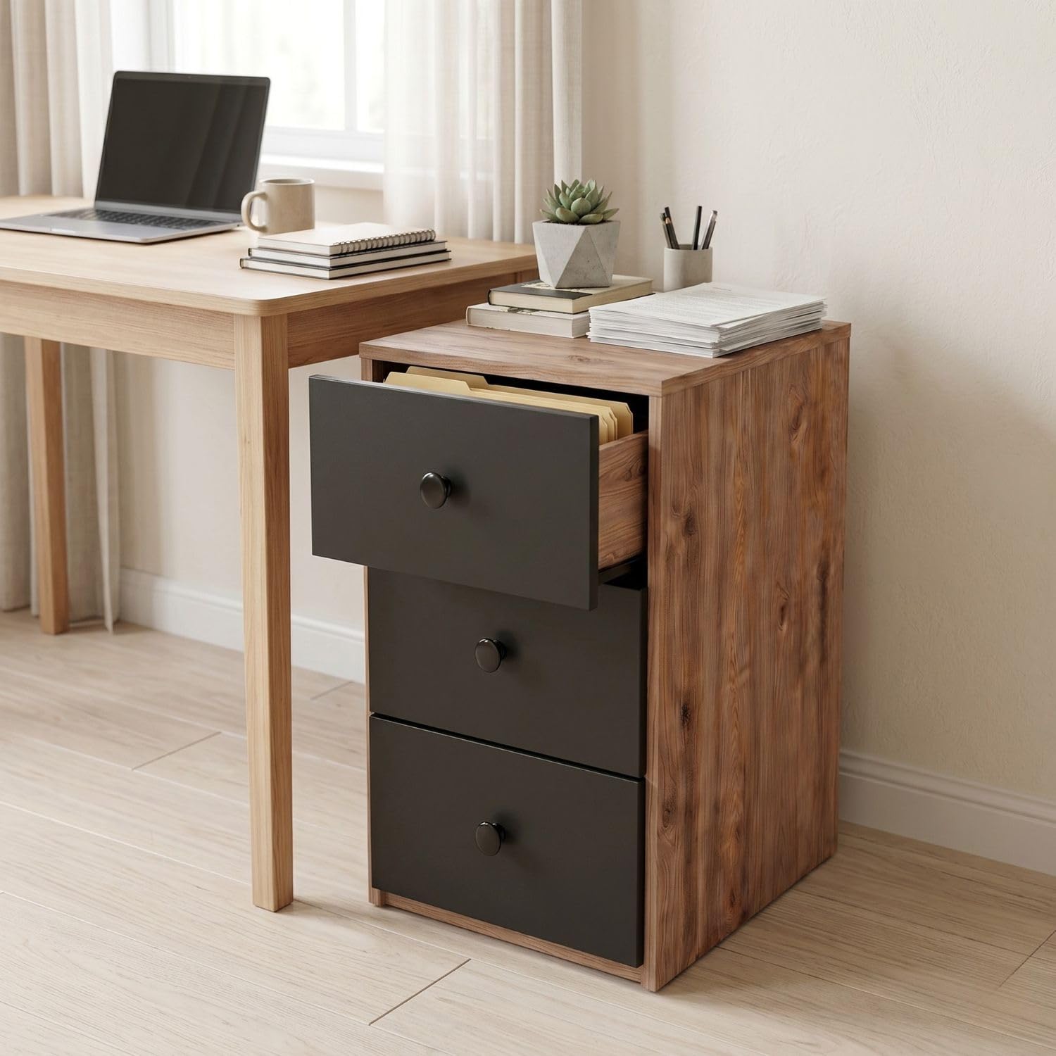 Wooden Filing Cabinet with 3 Drawers, Office File Storage Cabinet, Compact Document