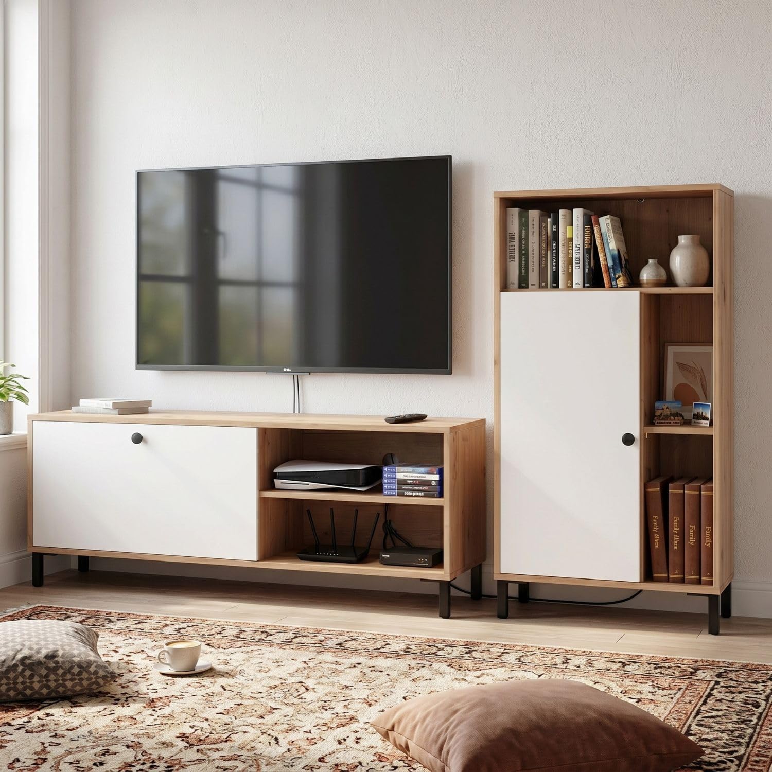 TV Unit for Living Room with Storage Cabinet, 140 cm Wooden TV Stand & 120 cm Side
