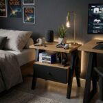 Modern Bedside Table with Drawer & Open Shelf, Wooden Top with Metal Frame, Compact