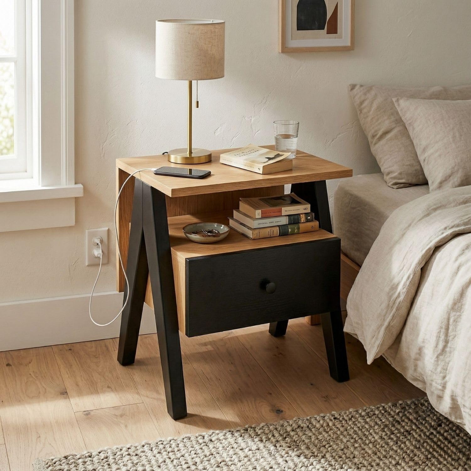 Modern Bedside Table with Drawer & Open Shelf, Wooden Top with Metal Frame, Compact