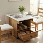 Foldable Dining Table with Storage and Wheels, Drop Leaf, 2 Seater, Engineered Wood,