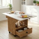 Foldable Dining Table with Storage and Wheels, Drop Leaf, 2 Seater, Engineered Wood,