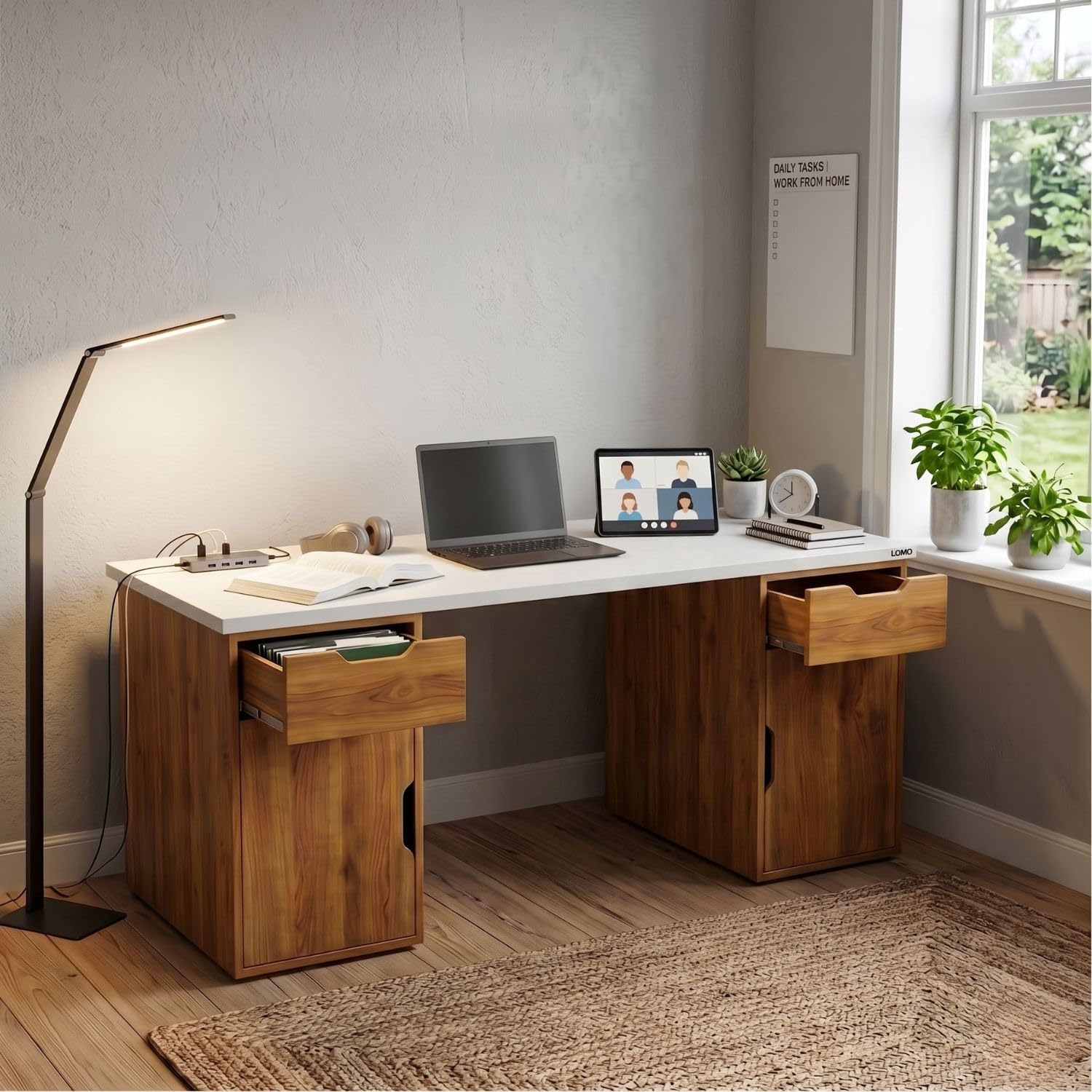 Computer Desk with Storage Cabinet & Drawers, Engineered Wood Study Table with White
