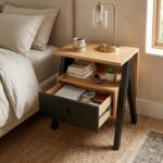 Modern Bedside Table with Drawer & Open Shelf, Wooden Top with Metal Frame, Compact