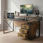 Wooden Gaming Desk with 3-Drawer Mobile Cabinet
