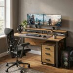 Wooden Gaming Desk with 3-Drawer Mobile Cabinet