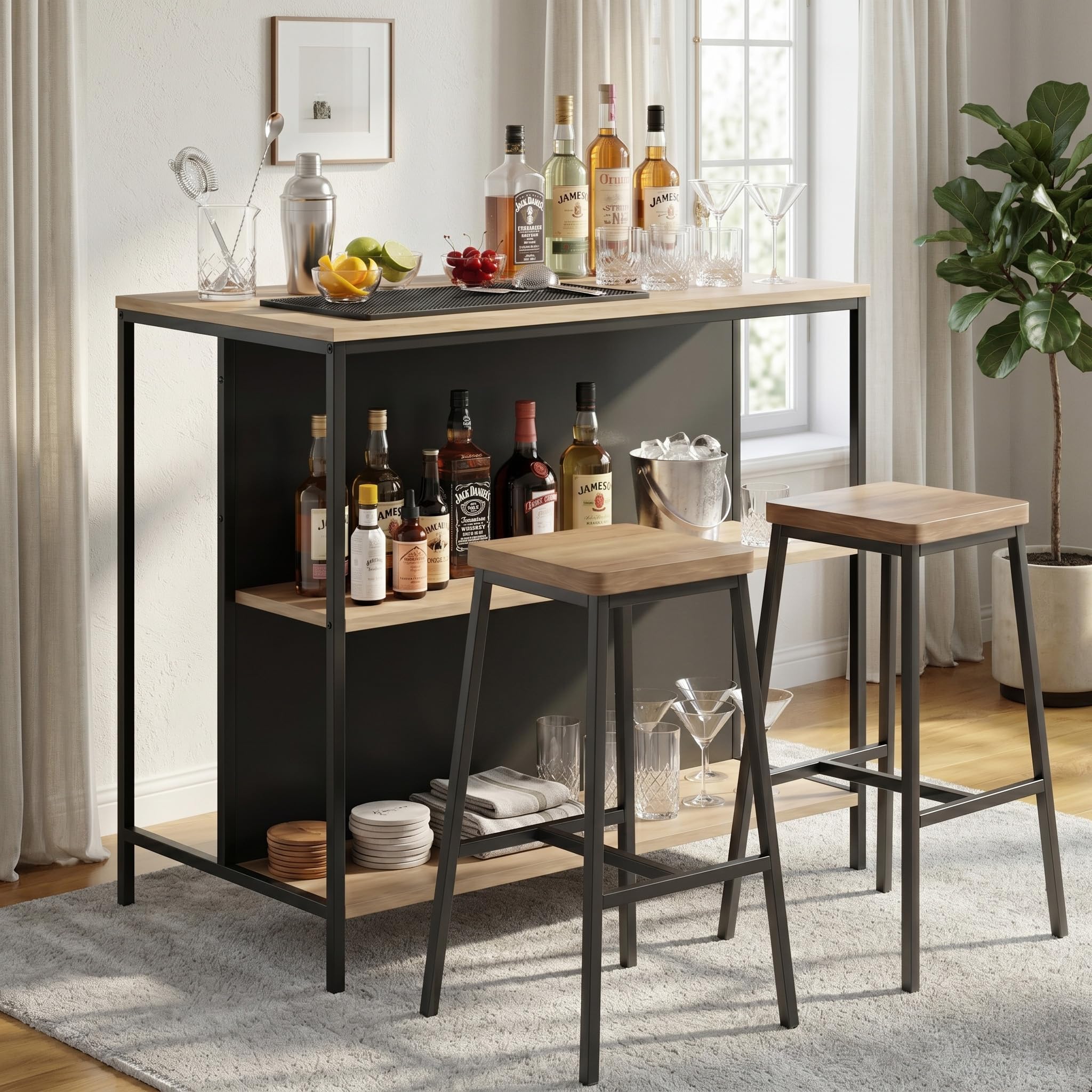 Bar Table High Top Pub Table with Folding Wine Rack Counter Height Bistro for Kitchen