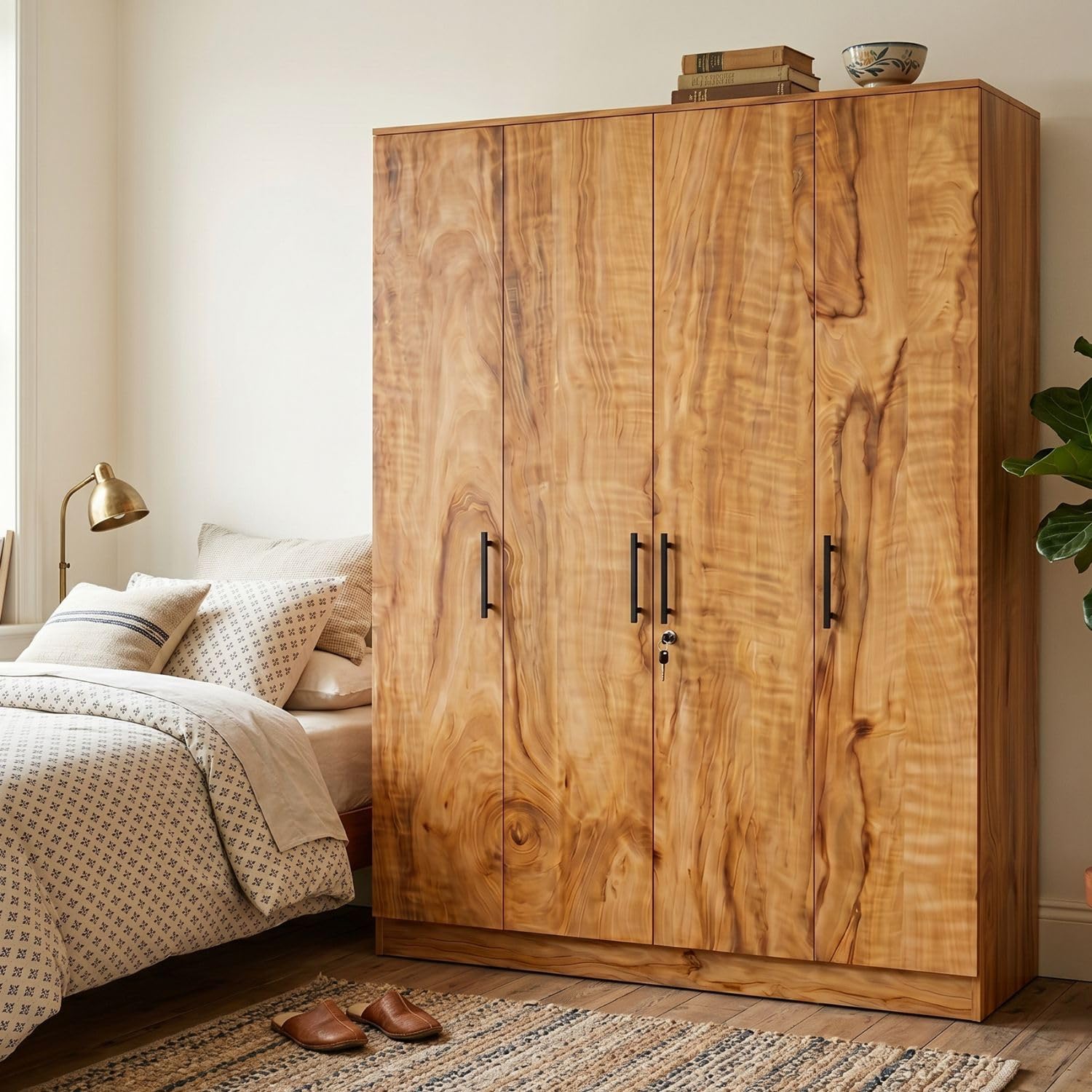 Kavisto 4 Door Wooden Wardrobe for Bedroom, Large Clothes Storage Cabinet with Hanging