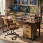 Wooden Gaming Desk with 3-Drawer Mobile Cabinet