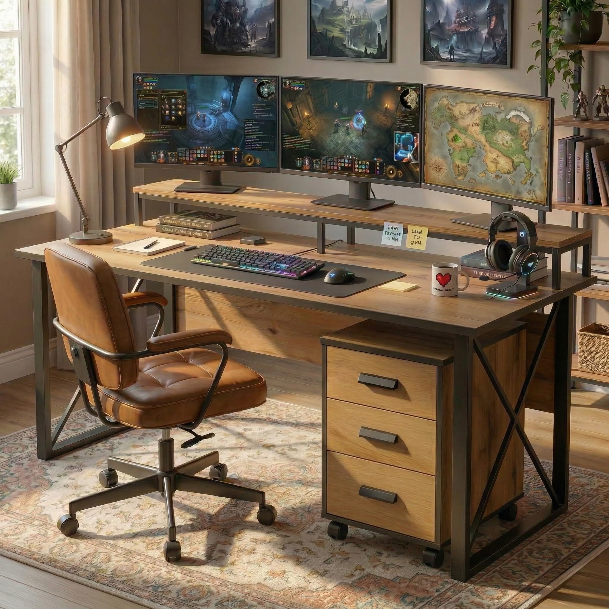 Wooden Gaming Desk with 3-Drawer Mobile Cabinet