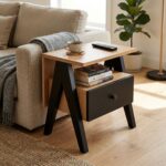 Modern Bedside Table with Drawer & Open Shelf, Wooden Top with Metal Frame, Compact