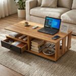 Modern Coffee Table with Storage Drawer & Open Shelves